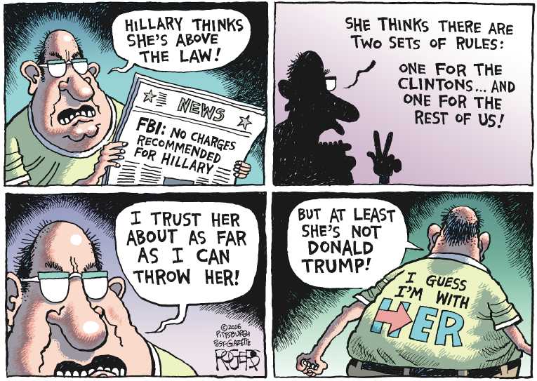 Political/Editorial Cartoon by Rob Rogers, The Pittsburgh Post-Gazette on Clinton, Trump Neck and Neck