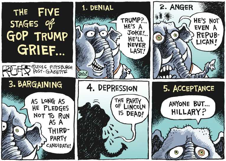 Political/Editorial Cartoon by Rob Rogers, The Pittsburgh Post-Gazette on Trump Revamps Campaign