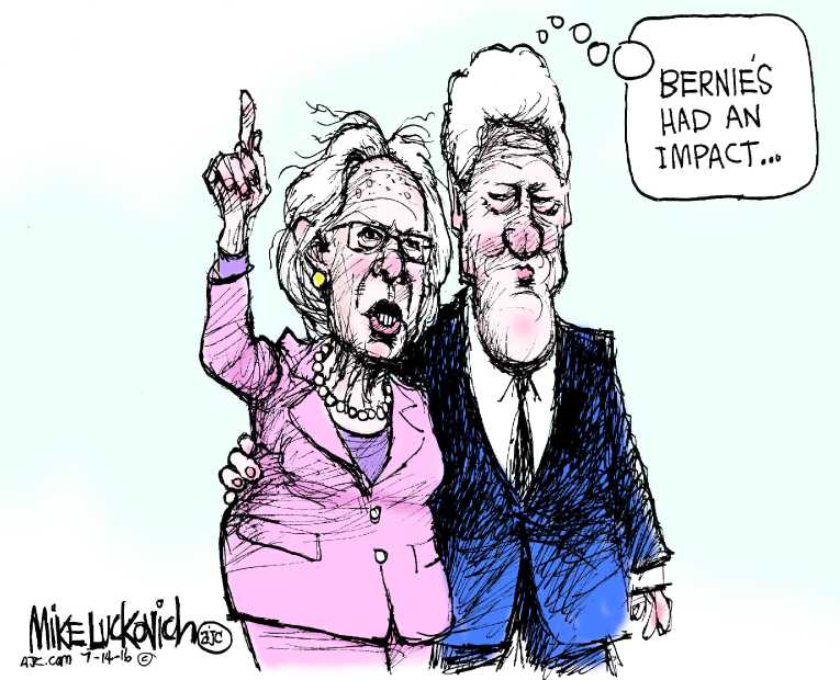 Political/Editorial Cartoon by Mike Luckovich, Atlanta Journal-Constitution on Sanders Endorses Hillary