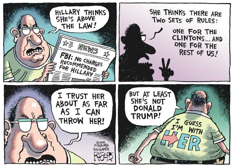 Political/Editorial Cartoon by Rob Rogers, The Pittsburgh Post-Gazette on Sanders Endorses Hillary