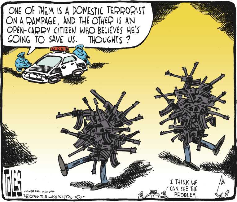 Political/Editorial Cartoon by Tom Toles, Washington Post on Shootings Stun Nation