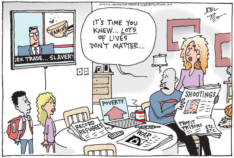 Political/Editorial Cartoon by Joel Pett, Lexington Herald-Leader, CWS/CartoonArts Intl. on Shootings Stun Nation