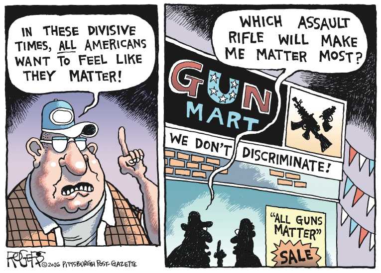 Political/Editorial Cartoon by Rob Rogers, The Pittsburgh Post-Gazette on Shootings Stun Nation