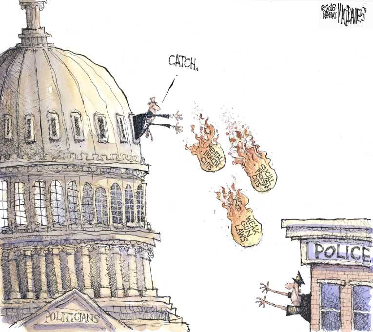 Political/Editorial Cartoon by Matt Davies, Journal News on More Gun Deaths