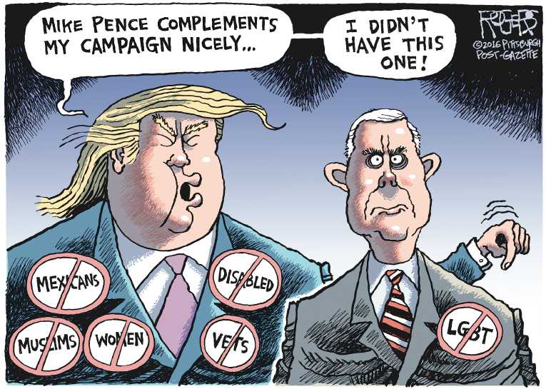 Political/Editorial Cartoon by Rob Rogers, The Pittsburgh Post-Gazette on Trump Taps Pence for VP