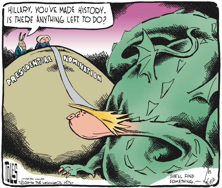 Political/Editorial Cartoon by Tom Toles, Washington Post on Clinton Making Her Case