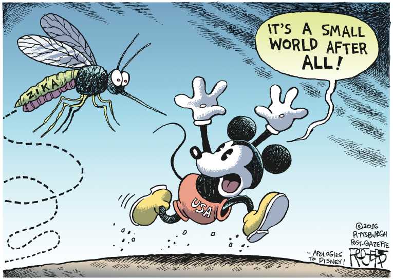Political/Editorial Cartoon by Rob Rogers, The Pittsburgh Post-Gazette on Zika Reaches US