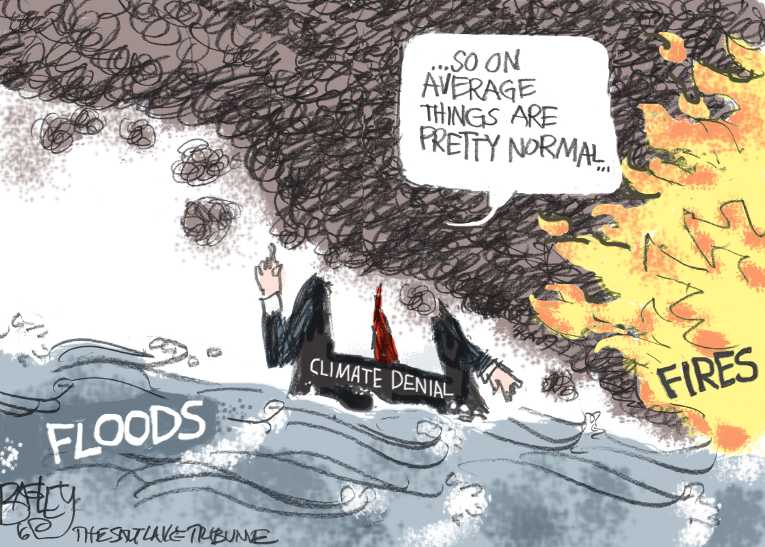 Political/Editorial Cartoon by Pat Bagley, Salt Lake Tribune on Floods and Fires Batter US