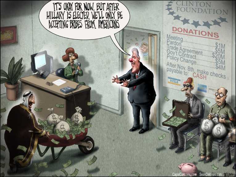 Political/Editorial Cartoon by Sean Delonas, CagleCartoons.com on Clinton Foundation Under Fire