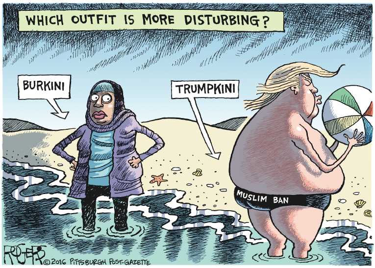 Political/Editorial Cartoon by Rob Rogers, The Pittsburgh Post-Gazette on Swimsuit Controversy Intensifies