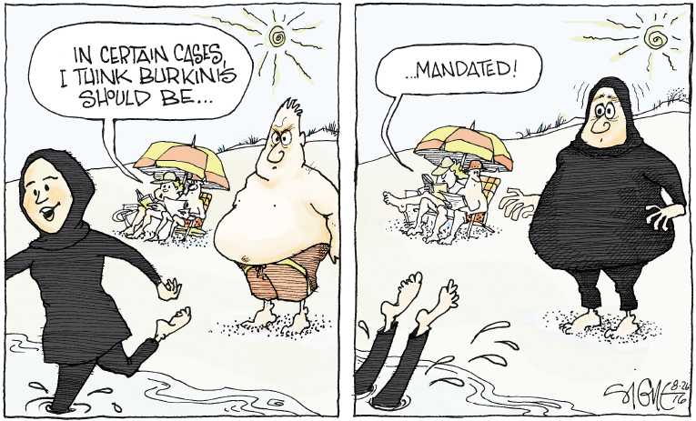 Political/Editorial Cartoon by Signe Wilkinson, Philadelphia Daily News on Swimsuit Controversy Intensifies