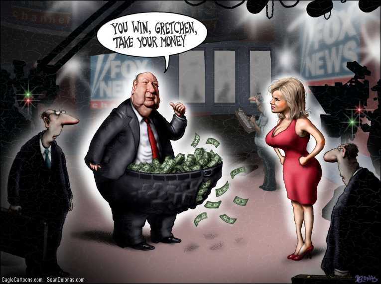 Political/Editorial Cartoon by Sean Delonas, CagleCartoons.com on Fox, Carlson Settle for $20M