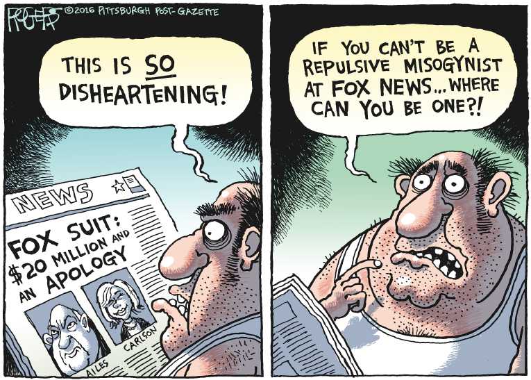 Political/Editorial Cartoon by Rob Rogers, The Pittsburgh Post-Gazette on Fox, Carlson Settle for $20M