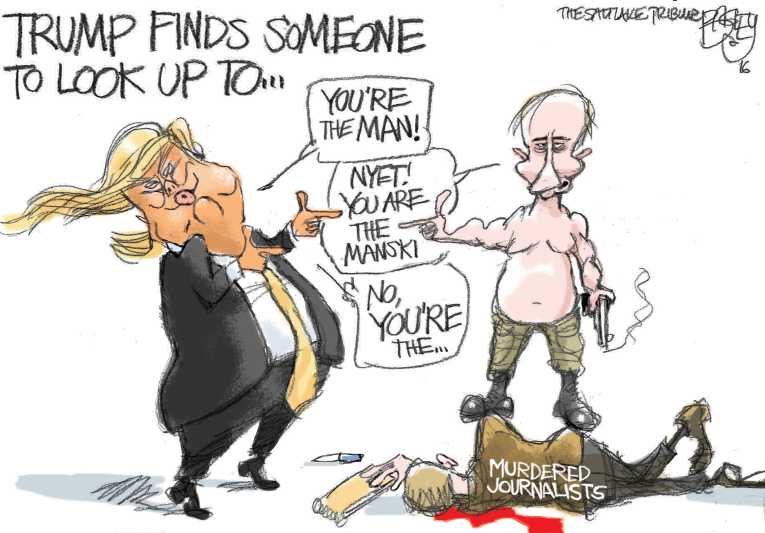 Political/Editorial Cartoon by Pat Bagley, Salt Lake Tribune on Trump Revises History