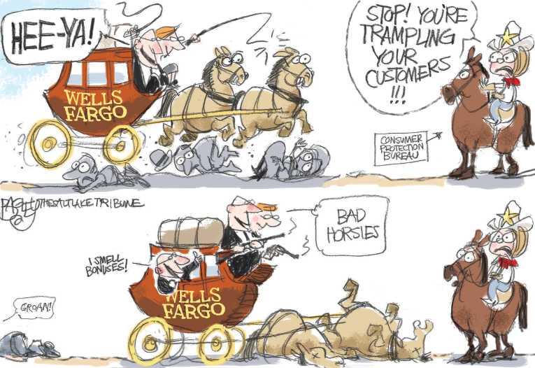 Political/Editorial Cartoon by Pat Bagley, Salt Lake Tribune on Bank Robs Customers Again