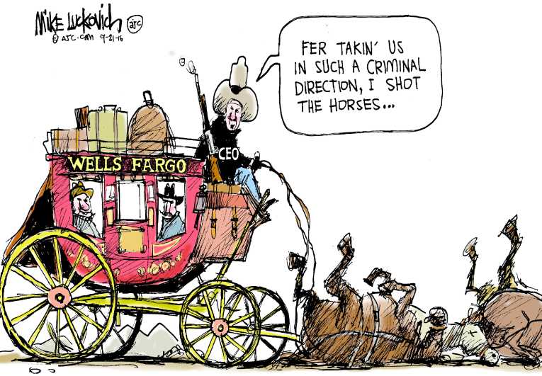 Political/Editorial Cartoon by Mike Luckovich, Atlanta Journal-Constitution on Wells Fargo Under Attack