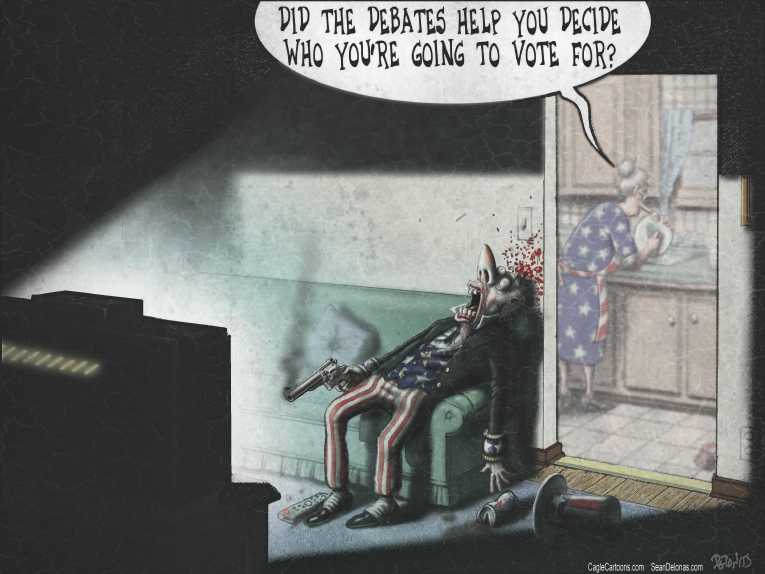 Political/Editorial Cartoon by Sean Delonas, CagleCartoons.com on Candidates Survive First Debate
