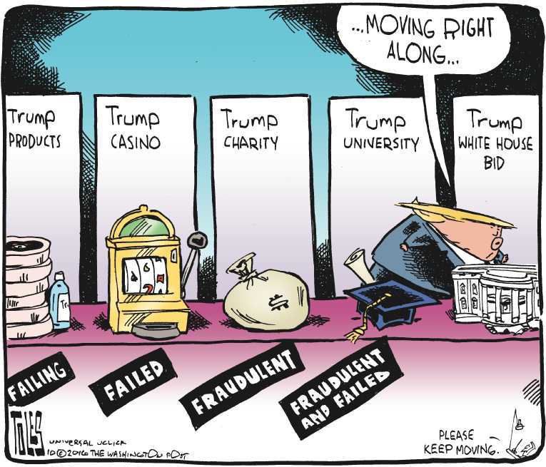 Political/Editorial Cartoon by Tom Toles, Washington Post on Trump Pays No Income Taxes