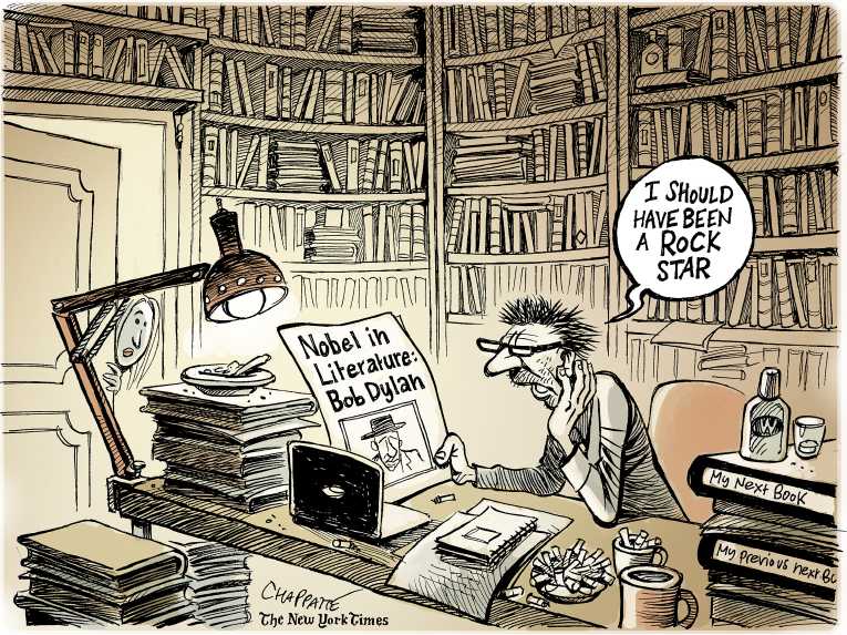 Political/Editorial Cartoon by Patrick Chappatte, International Herald Tribune on Bob Dylan Wins Nobel Prize