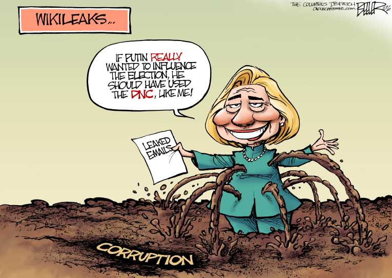 Political/Editorial Cartoon by Rick McKee, The Augusta Chronicle on Wikileaks Slams Clinton