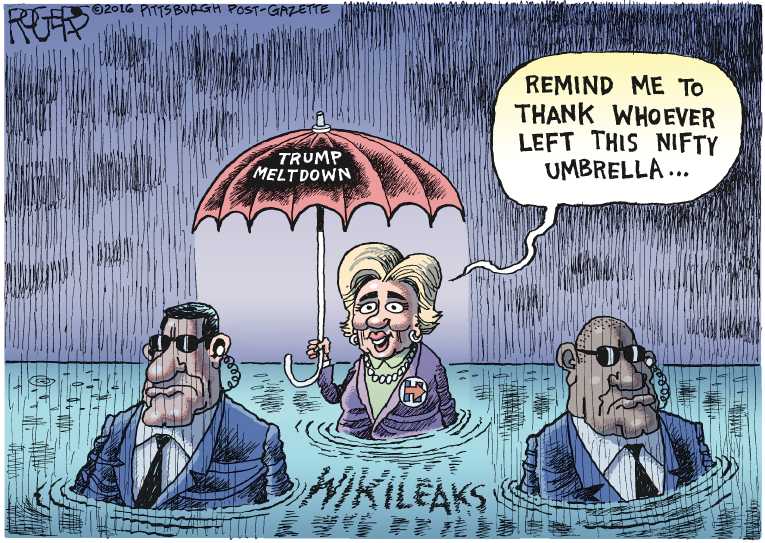 Political/Editorial Cartoon by Rob Rogers, The Pittsburgh Post-Gazette on Wikileaks Slams Clinton