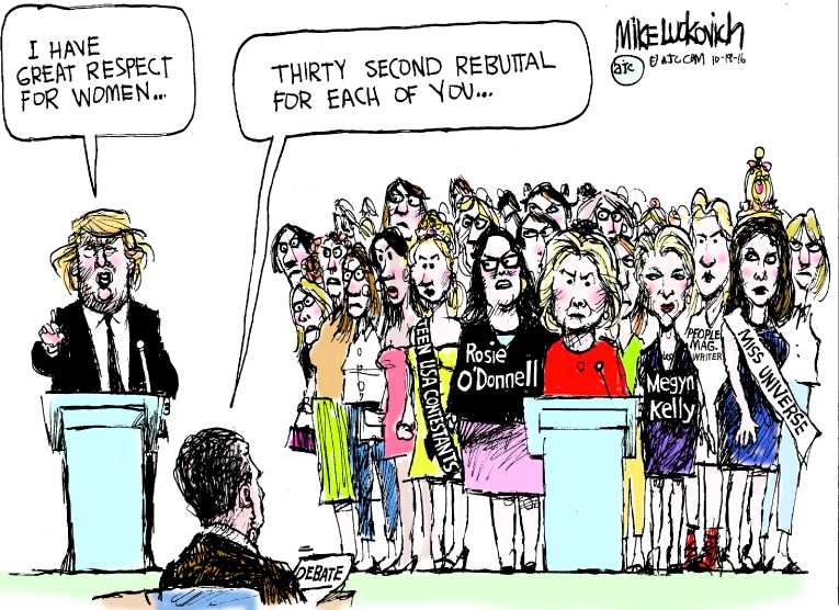 Political/Editorial Cartoon by Mike Luckovich, Atlanta Journal-Constitution on Trump Battling Allegations