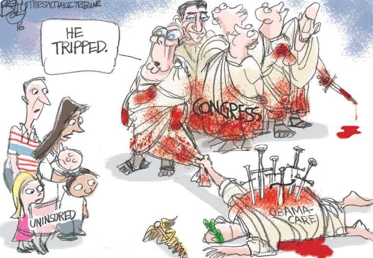 Political/Editorial Cartoon by Pat Bagley, Salt Lake Tribune on ObamaCare Under Fire
