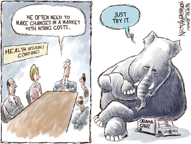 Political/Editorial Cartoon by Nick Anderson, Houston Chronicle on ObamaCare Under Fire