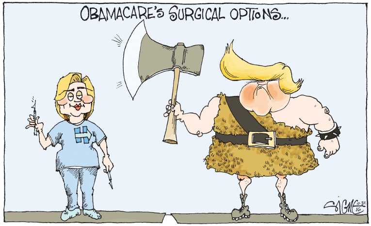 Political/Editorial Cartoon by Signe Wilkinson, Philadelphia Daily News on ObamaCare Under Fire