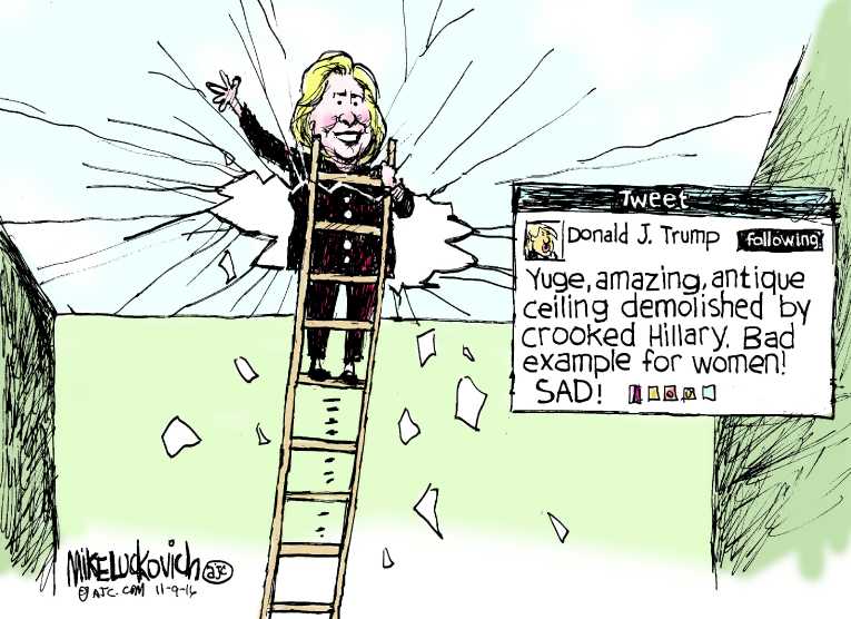 Political/Editorial Cartoon by Mike Luckovich, Atlanta Journal-Constitution on Hillary Won in Alternate Universe