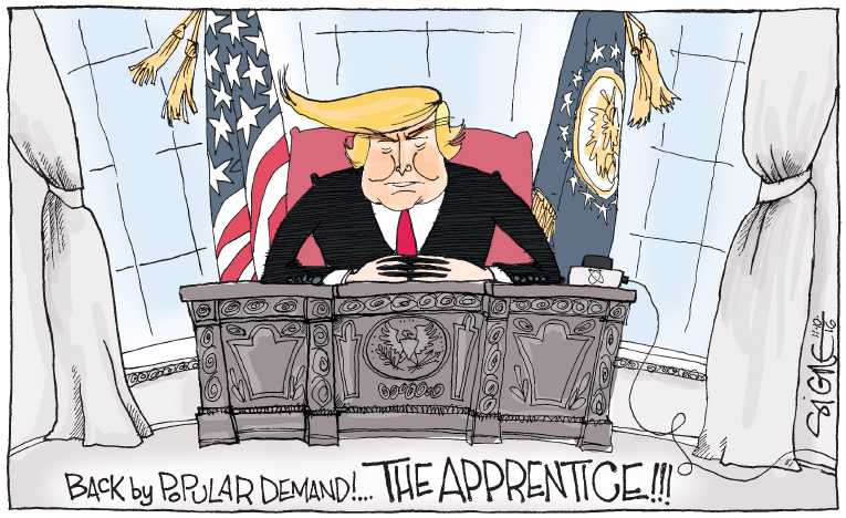 Political/Editorial Cartoon by Signe Wilkinson, Philadelphia Daily News on Trump Presidency Coming Soon