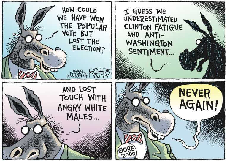 Political/Editorial Cartoon by Rob Rogers, The Pittsburgh Post-Gazette on Hillary, Dems, Trying to Adjust