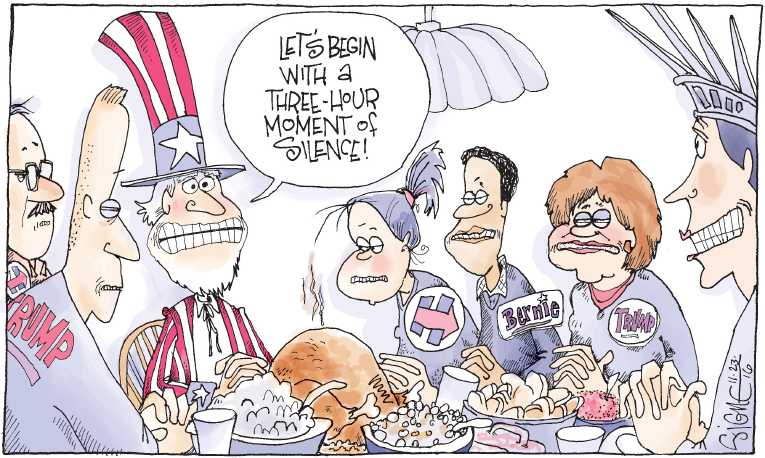 Political/Editorial Cartoon by Signe Wilkinson, Philadelphia Daily News on Dinner Conversations to Be Lively