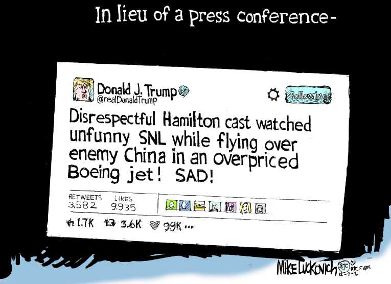 Political/Editorial Cartoon by Mike Luckovich, Atlanta Journal-Constitution on Trump: “I’m Having Fun”