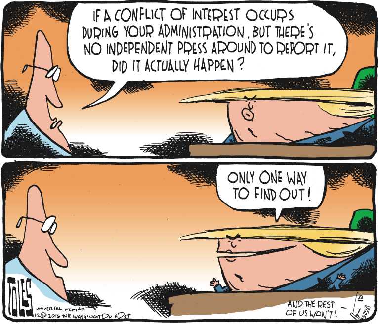 Political/Editorial Cartoon by Tom Toles, Washington Post on Trump Addresses Campaign Promise