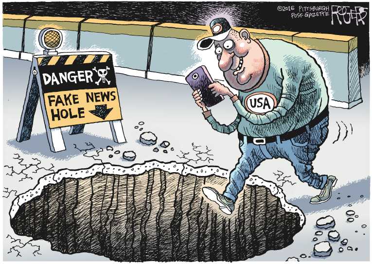 Political/Editorial Cartoon by Rob Rogers, The Pittsburgh Post-Gazette on ake News Booming