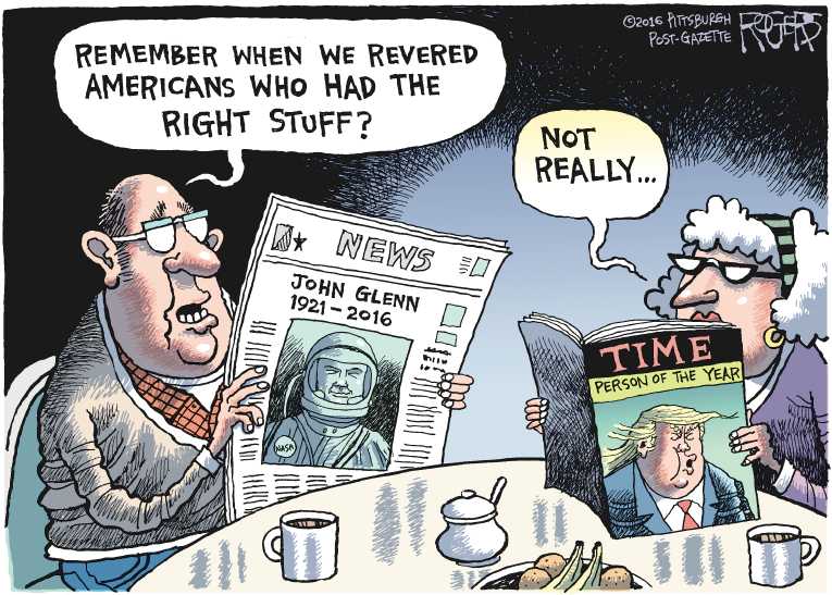 Political/Editorial Cartoon by Rob Rogers, The Pittsburgh Post-Gazette on American Hero Gone