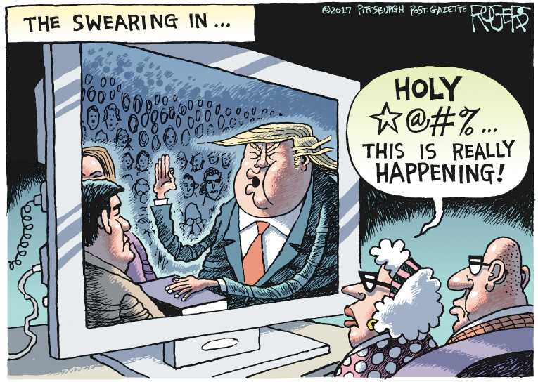Political/Editorial Cartoon by Rob Rogers, The Pittsburgh Post-Gazette on Trump Takes Oath