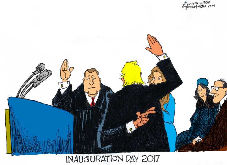 Political/Editorial Cartoon by Bill Schorr, Cagle Cartoons on Trump Takes Oath