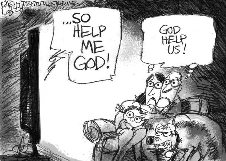 Political/Editorial Cartoon by Pat Bagley, Salt Lake Tribune on Trump Takes Oath