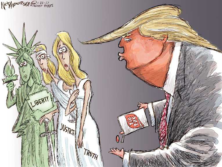 Political/Editorial Cartoon by Nick Anderson, Houston Chronicle on Trump Takes Oath