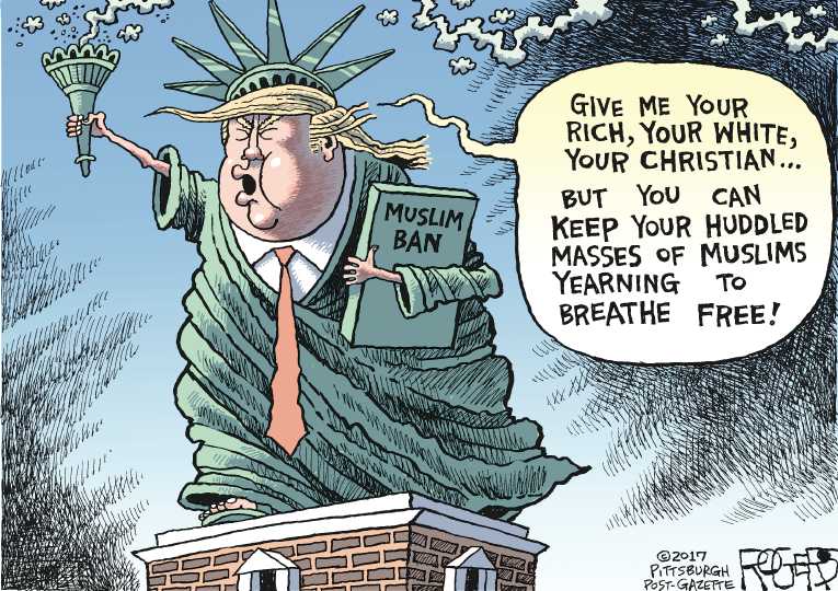 Political/Editorial Cartoon by Rob Rogers, The Pittsburgh Post-Gazette on Trump Invokes Travel Ban