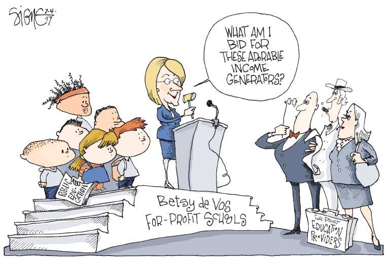 Political/Editorial Cartoon by Signe Wilkinson, Philadelphia Daily News on Betsy DeVos Confirmed