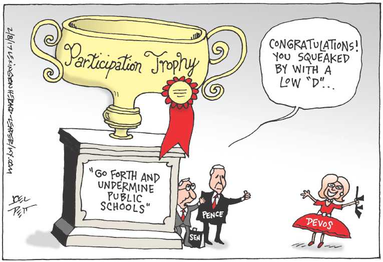Political/Editorial Cartoon by Joel Pett, Lexington Herald-Leader, CWS/CartoonArts Intl. on Betsy DeVos Confirmed