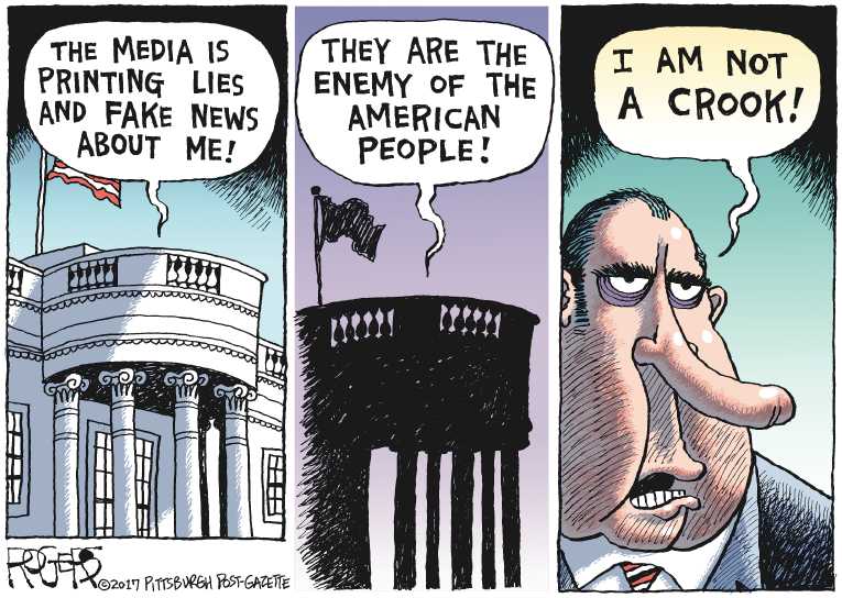 Political/Editorial Cartoon by Rob Rogers, The Pittsburgh Post-Gazette on Fake News Under Fire