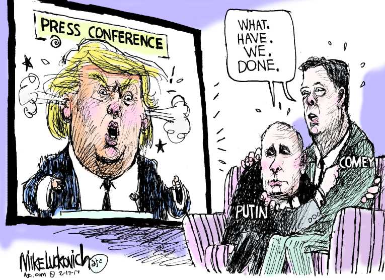 Political/Editorial Cartoon by Mike Luckovich, Atlanta Journal-Constitution on Trump Blasts Media