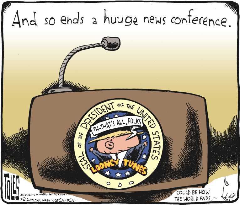 Political/Editorial Cartoon by Tom Toles, Washington Post on Trump Blasts Media