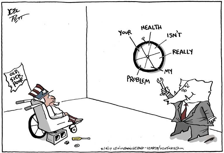 Political/Editorial Cartoon by Joel Pett, Lexington Herald-Leader, CWS/CartoonArts Intl. on GOP Care Unveiled