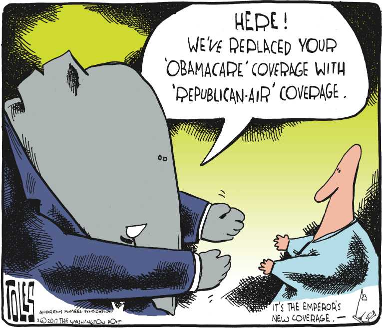 Political/Editorial Cartoon by Tom Toles, Washington Post on GOP Care Unveiled