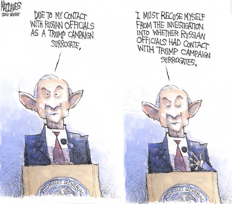 Political/Editorial Cartoon by Matt Davies, Journal News on Sessions Recuses Himself